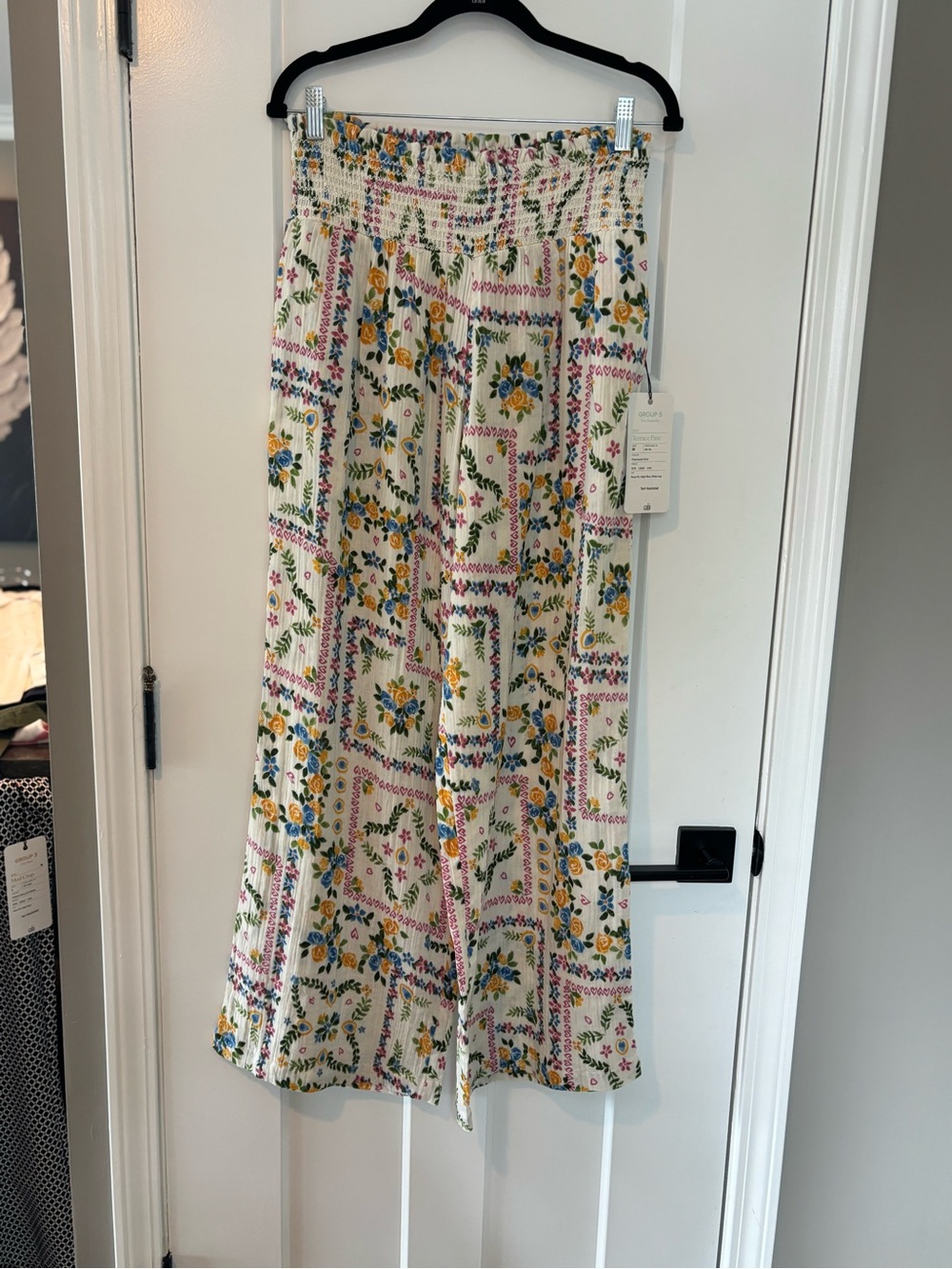 CAbi Cream Wide-Leg with Yellow & Pink Floral Print Terrance Pant, med 6870